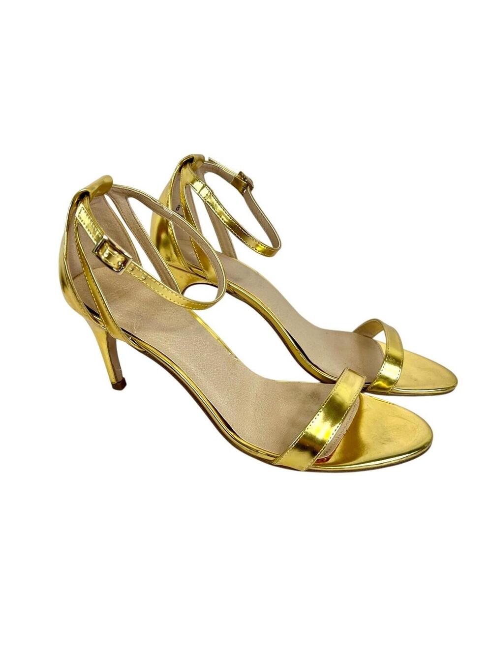 ASOS Size 8 Gold Shiny 3 Inch Ankle Strap Heels Open Toe